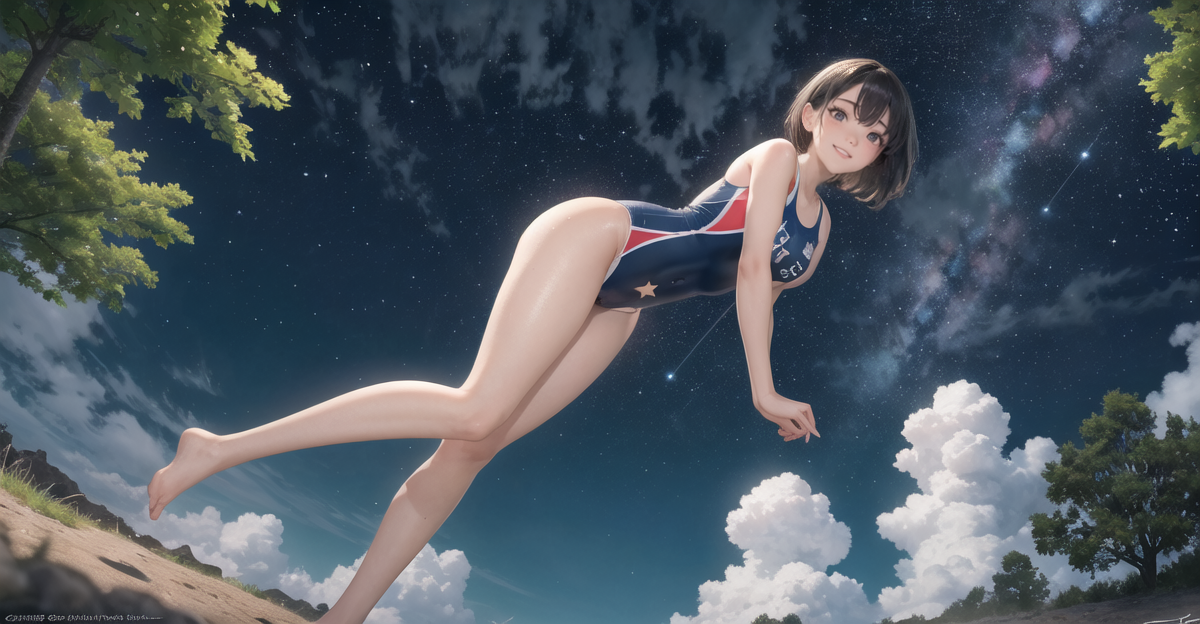 夜空と競泳水着の女の子