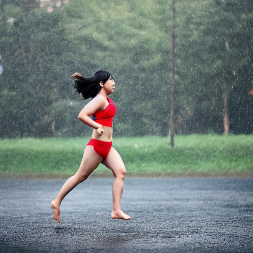 AI生成画像_雨が降る公園で競泳水着を着た25歳の日本人女性がランニングしているところ