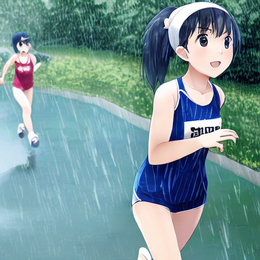 AI生成イラスト_雨が降る公園で競泳水着を着た25歳の日本人女性がランニングしているところ