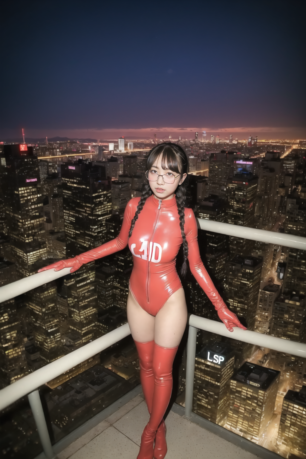 高層ビルからの夜景とメガネ三つ編みラバーの女の子